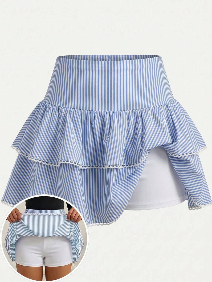 SHEIN Girlism Falda mini de doble capa con volantes tipo pastel y leggings integrados en color negro para adolescentes, estilo casual, deportivo, preppy, para primavera y verano, fresca, básica, versátil, para uso diario, moda deportiva de verano, temporada de vuelta al colegio, uniformes escolares - Multicolor - Ver 1