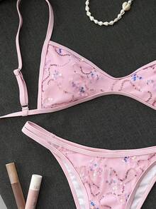 Costavie 女款2件組夏季海灘比基尼套裝，亮片刺繡面料，後綁帶細肩帶上衣與比基尼泳褲，海濱泳裝 - 粉色 - 查看 4