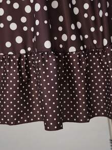 Sweetra Plus Size Square Neck Puff Sleeve Fashionable Waist-Defining Polka Dot Dress Vacation Summer 90s - Brown - View 4