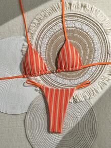 Swim Mod Women's Spring/Summer New Special Fabric Metal Decor V-Neck Halter Backless Triangle Top & Bikini Bottom Two Pieces Swimwear - Orange - View 3