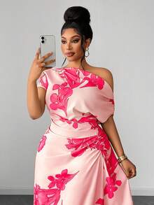 Maweii Plus Size Floral Print One Shoulder Ruched Waist Slimming Outing Vacation Dress - Baby Pink - View 2