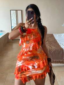 Maweii 2026 Women's New Sexy Neckline Floral Print Plus Size Halter Dress, Decorated With Ruffle Design, Y2K Retro Style, Sweet And Spicy Style, Vacation Look, Young Adult, Tulle Fabric, Slim Fit, Lightweight Material. Suitable For Beach Vacation, Music Festival, Easter And New School Year Outfits - Multicolor - View 4