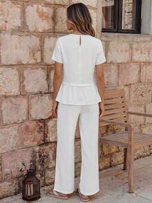 EMERY ROSE Women's Solid Color Cotton Linen 100 Round Neck Casual Simple Ruffled Top And Trousers Two-Piece Set Vacation All White Women's Two-Piece Casual Wear - White - View 2