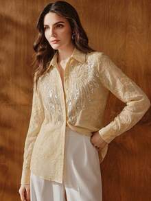 Anewsta French Luxury Beaded & Sequin Embroidered Collar Long Sleeve Blouse For Women, Slimming & Versatile - Yellow - View 7