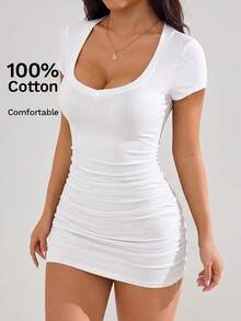 CovetEZ Comfortable Cotton Square Neck Short Sleeve Casual Slim Fit Plus Size Dress, White - White - View 3