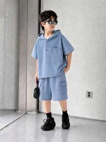 SHEIN 青少年男孩夏季休閒日常通勤落肩寬鬆連帽牛仔上衣與工裝牛仔短褲套裝 - 灰色 - 查看 5