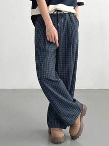 DAZY Plaid Loose Patchwork Design Long Pants For Boys (Large) - Navy Blue - View 5