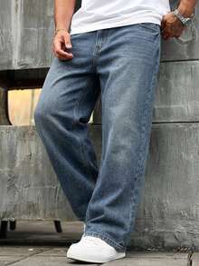 DAZY Washed Distressed Straight Leg Zipper Pocket Plus Size Men's Jeans Fall - Blue - View 4