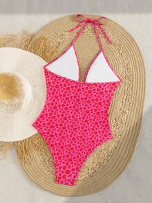 Swim Mod Baju Renang Wanita Musim Panas untuk Liburan Pantai, Motif Bunga Merah Muda, Tali Bahu Tipis, Potongan Segitiga, Tanpa Punggung, Seksi, Potongan Tinggi, Terusan, Tanpa Lengan, - Berwarna merah muda - View 2