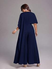 Viva Relle Plus Size Women's Spring/Summer New Light Luxury Banquet Style Bean Paste Pink Jumpsuit, Asymmetric Shawl Waist-Cinched Pleated Wide-Leg Pants. Suitable For High-End Evening Parties, Wedding Guests, Red Carpet Shows, Light Luxury Banquet Style Fashion Apparel - Navy Blue - View 2