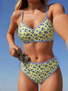 Swim SPRTY 2pcs/Set Pakaian Pantai Musim Panas Wanita, Atasan Tali Bahu Motif Acak Warna dan Bawahan Bikini Pinggang Tinggi - MultiWarna - View 4