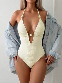 Bonvoyette Women's Summer Beach Vacation Textured Fabric Beaded Decor Halter Backless Sexy One-Piece Swimsuit - Apricot - View 11