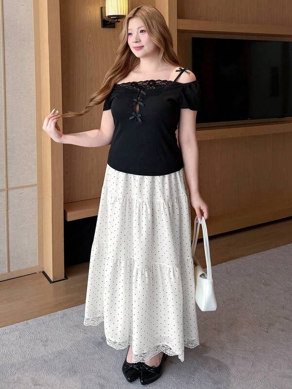 Bijouette Plus Size Women's Polka Dot Print Casual Lace Trim At The Hem Skirt,White Skirt,Polka Dot Skirt,Summer Skirt
