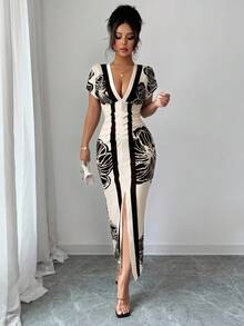 SHEIN Clasi Women's Exquisite Elegant Sexy Bohemian Print Vacation Dress Brunch Black And White Summer - Apricot - View 5