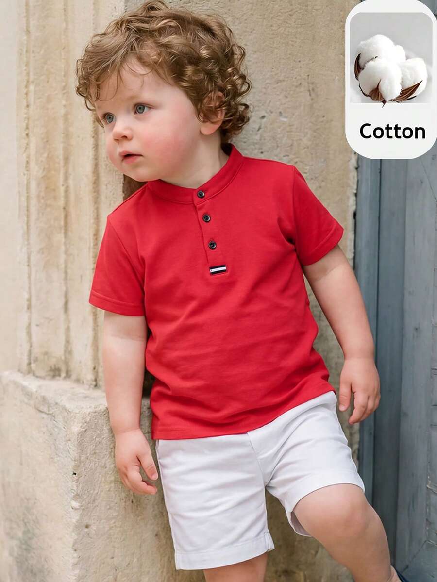 PrepCrw Camisa polo de manga corta con botones parciales, estilo casual y sencillo para niño joven en verano - Rojo - Ver 1