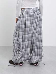 COUREZ Pantalones holgados tipo globo con detalle de lazos laterales en cuadros estilo Y2K 2000s disco 90s country otoño para mujer para salir uso diario fiesta en la piscina fiesta concierto - Gris - Ver 3