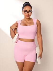 SHEIN Rhythm Era Women's Plus Size Sports Set Pink Seamless Ribbed U-Neck Yoga Fitness Tank Top And High-Waisted 3/4 Length Leggings 2pcs - Pink - View 7