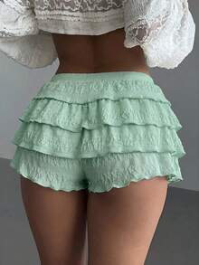 Aloruh Women's Autumn/Winter New Solid Color Elegant Sweet Ballerina Style Ultra-Low Waist Multi-Layer Ruffle Skirt Shorts - Mist Green - View 2