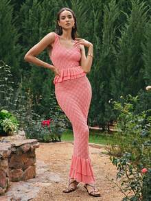 VOLUPTÉ CURVE Plus Size Summer Pink Knit Round Neck Sleeveless High Waist Bodycon Ruffle Hollow Edge Fashionable Two Piece Set For Wedding Guest Brunch - Khaki - View 8