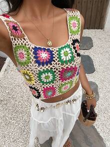 SHEIN Clasi 女款米色無袖方領鉤針花卉拼接鏤空紋理針織背心上衣，海灘度假遮陽罩衫，夏季熱帶復古波希米亞風 - 杏色 - 查看 3