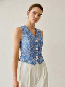 MOTF PREMIUM WOMEN'S EMBROIDERED DETAIL FRONT BUTTON VEST JACKET - Blue - View 7