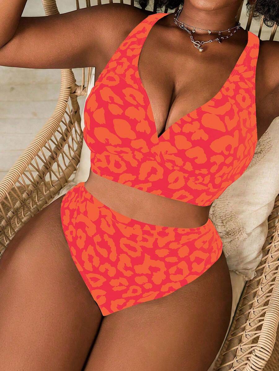 Slaydiva Women's Plus Size 2pcs Leopard Print V-Neck High Waist Triangle Bikini Set Vacation Tank Style Swimsuit Orange Summer Beach Sexy - Multicolor - View 1