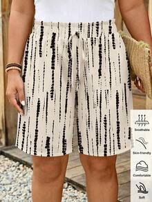 SHEIN LUNE Tie-Dye Striped Plus Size Women's Drawstring Waistband Pocket Comfortable Casual Shorts, Suitable For Beach Vacation, Airport Travel, Summer Back To School Season And Other Occasions. Casual Shorts, Suitable For Summer Back To School Season Wear - Multicolor - View 5