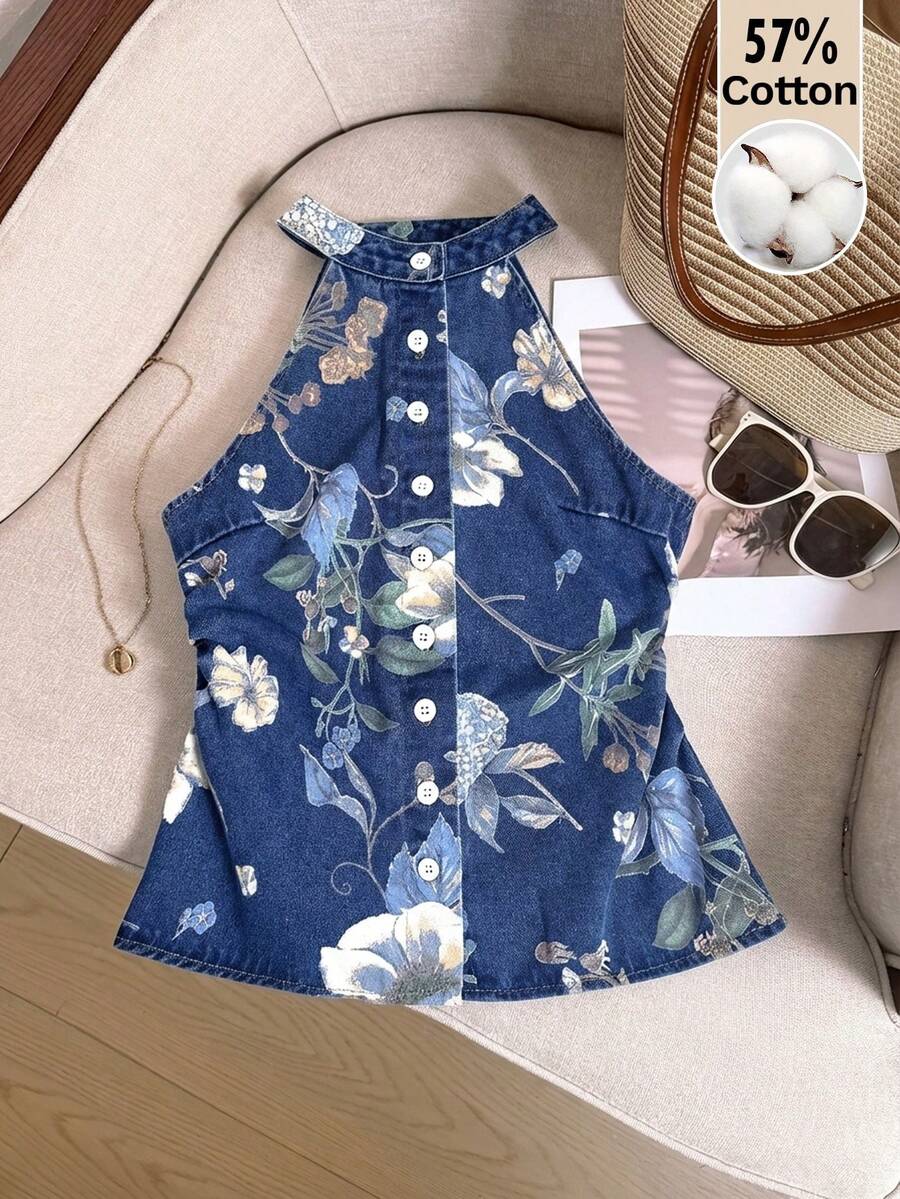 SHEIN Unity 女款花卉印花單排扣休閒百搭日常穿著牛仔上衣 - 中等水洗藍 - 查看 1