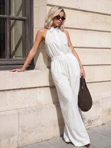 SHEIN PETITE High-End White Jumpsuit For Spring/Summer: Elegant Minimalist, Casual, Perfect For Vacation Look. Stylish, Versatile, Sophisticated, Petite Women - White - View 3