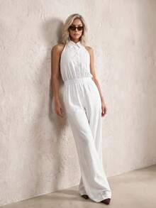 SHEIN PETITE High-End White Jumpsuit For Spring/Summer: Elegant Minimalist, Casual, Perfect For Vacation Look. Stylish, Versatile, Sophisticated, Petite Women - White - View 10