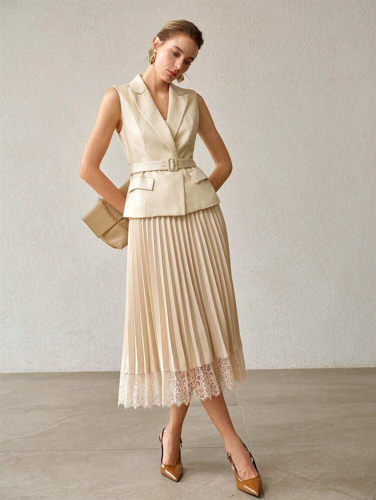 WOMEN'S SPRING/SUMMER PLEATED CONTRAST LACE SKIRT