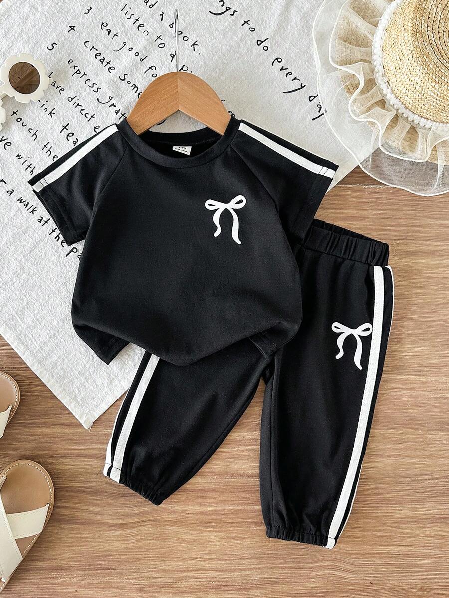 SHEIN 女嬰 2件/套 春季女童休閒運動日常風格 寬鬆刺繡裝飾套裝,短澎袖圓領上衣&條紋裝飾長褲 - 黑色 - 查看 1