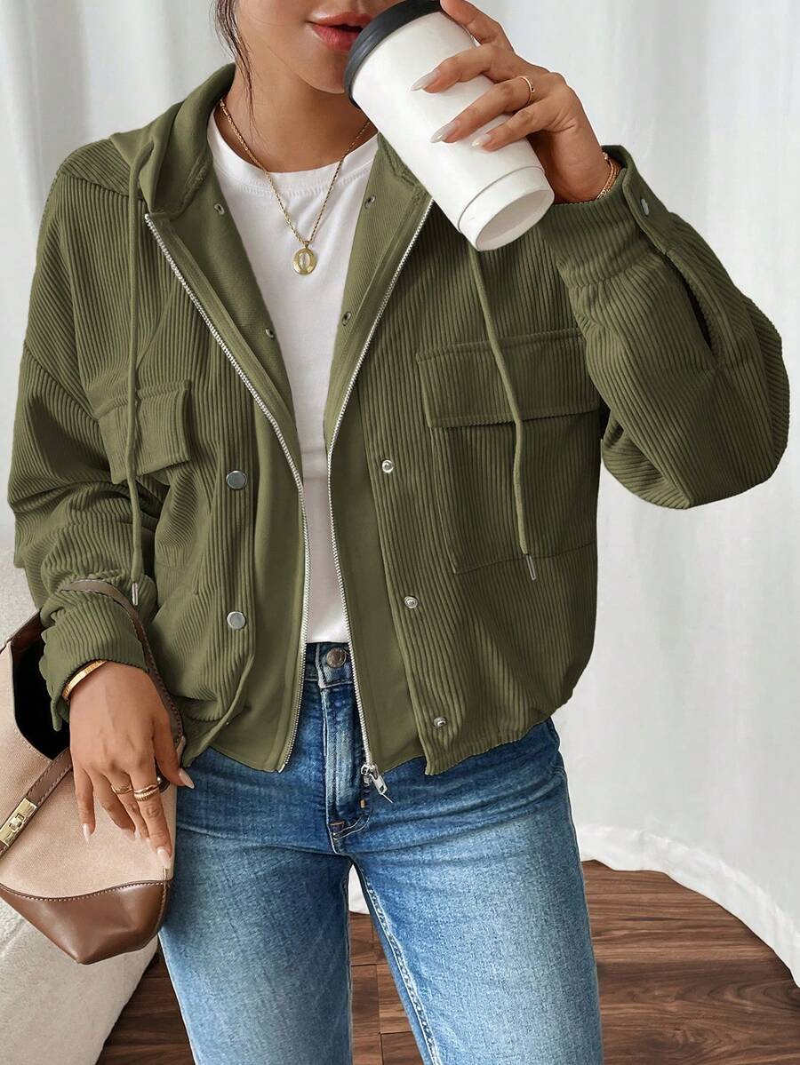 SHEIN Frenchy 女款純色抽繩連帽拉鍊休閒街頭風百搭日常外出旅行長袖外套 深綠色 秋季 - 軍綠色 - 查看 1