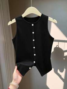 Chiquease Women's Solid Color Fashion Elegant Small Round Neck Sleeveless Split Fitted Button Vest 3-Piece Set - Multicolor - View 3