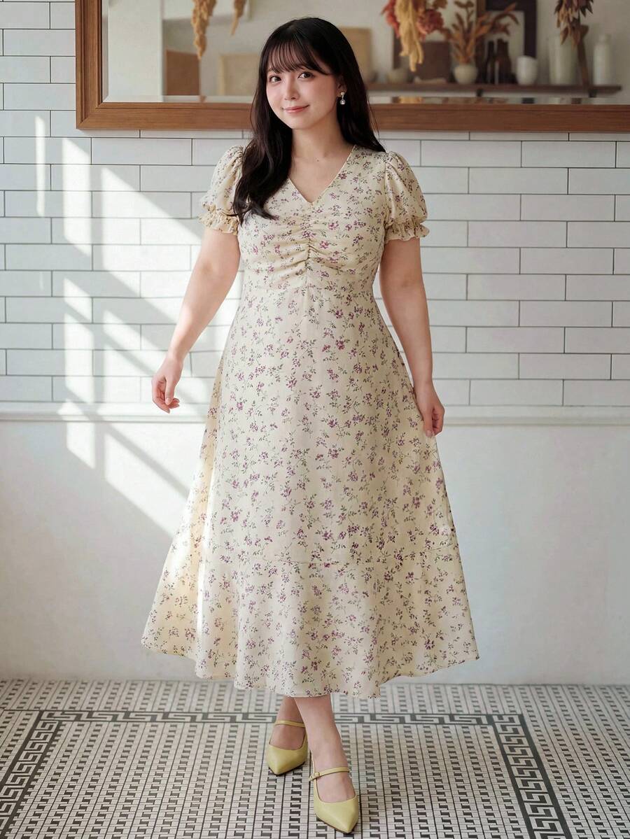 Bijouette 大尺碼女款V領優雅休閒泡泡袖短袖花卉印花後腰綁帶百褶長洋裝 米色 適合生日、度假、辦公 - 杏色 - 查看 1