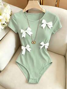 Elenzga Women's Summer Round Neck Short Sleeve Bow Decor Bodysuit - Mint Green - View 3