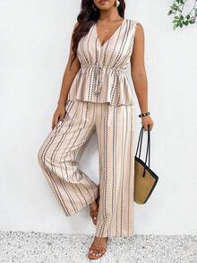 SHEIN Frenchy Große Größen Lässig Urlaub Gestreift Ärmellos A-Linie Hemd Und Gerade Beine Lässig Hose 2 Teile Set - Verschiedenfarbig - Übersicht 4
