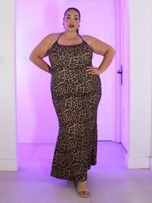 Pretty and Ole Plus Size Fashion Leopard Print Backless Halter Fishtail Dress - Multicolor - View 1