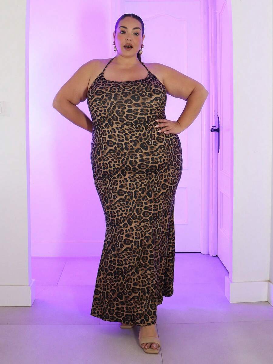 Pretty and Ole Plus Size Fashion Leopard Print Backless Halter Fishtail Dress - Multicolor - View 1