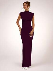 SHEIN BAE Spring/Summer Solid Plum Purple Asymmetric Ruched Fitted Slim Fit Maxi Elegant Dress, Basic Minimalist Elegant Long Dress Party - Maroon - View 4