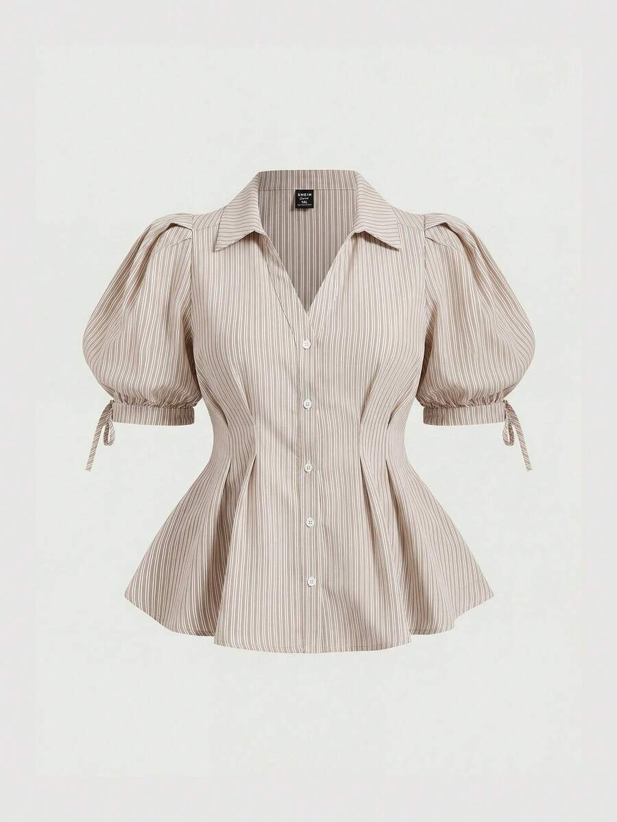 SHEIN MOD 春夏新品,女士大码优雅条纹短袖衬衫,修身收腰泡泡袖上衣,适合女性,修身显瘦,办公/休闲两相宜。 - 卡其色 - 查看 1