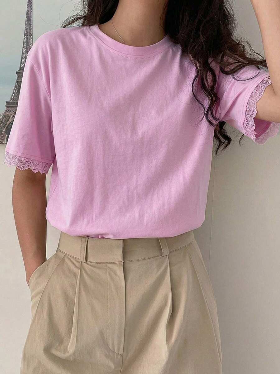 DAZY 女款圓領素色蕾絲飾邊袖口短袖T恤 - 粉色 - 查看 1