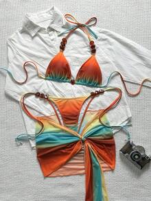 Swim SXY 夏季海灘女款三件套 紮染印花三角掛脖綁繩珠飾上衣 比基尼泳褲 網紗迷你裙 性感泳裝套裝 - 彩色 - 查看 3