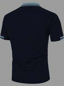 Manfinity Homme Men's Casual Commute Color Block Short Sleeve Polo Shirt, Navy Blue Summer Smart Casual Golf Collar Polo Shirt - Navy Blue - View 2