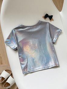 Cozy Pixies Baby Girls Tops Random 3 Pieces, Send 1 Piece Street Style Spring Summer Knitted Coated Colorful Silver Gray Round Neck Short Sleeve Top - Silver - View 3