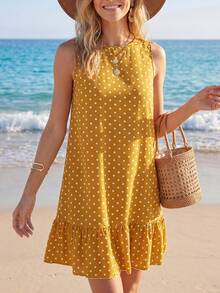 SHEIN LUNE Gaun Mini Lengan Pendek Model A-Line dengan Blok Warna, Gaun Polkadot, Gaun Musim Panas - Mustard Yellow - View 5
