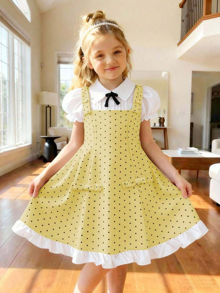 Elladie kids 少女波點印花白色泡泡短袖收腰A字領結拼接洋裝