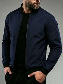 Manfinity Homme Jaket Baseball Kasual Pria Ukuran Besar dengan Kerah Resleting Warna Kontras - Navy Blue - View 2