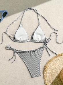 Swim Mod 女款度假條紋航海風拼接荷葉邊綁帶比基尼套裝 - 黑色 - 查看 6