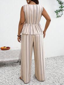 SHEIN Frenchy Große Größen Lässig Urlaub Gestreift Ärmellos A-Linie Hemd Und Gerade Beine Lässig Hose 2 Teile Set - Verschiedenfarbig - Übersicht 2